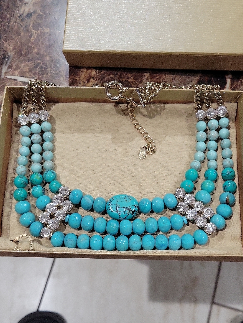 Turquoise Beaded Statement Necklace - Gold Accents